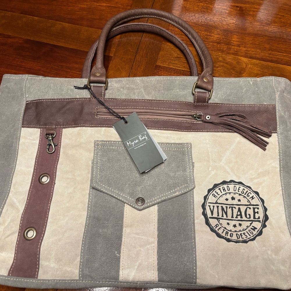 Myra Bag Handbags water stop Vintage Brown and Gray Canvas Bag new with tags